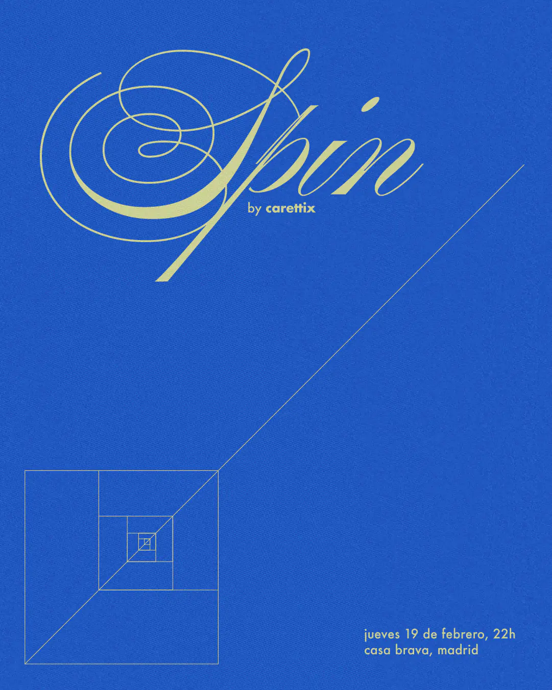 Flyer for SPIN Vol.4 by CRINI, blue version with a tight nested-square spiral