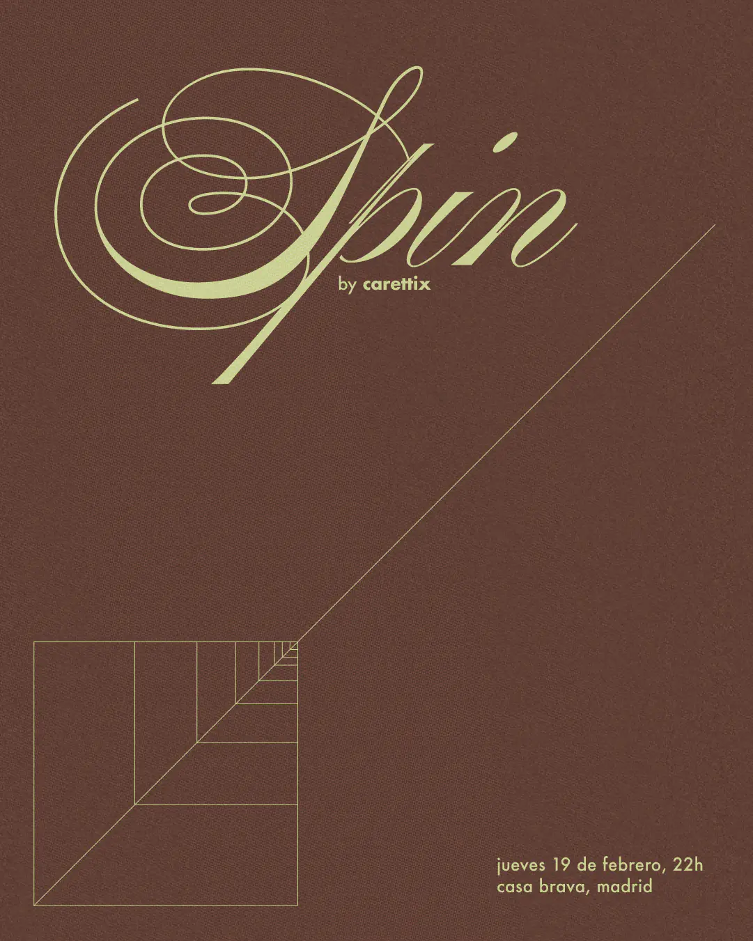 Flyer for SPIN Vol.4 by CRINI, brown version with a tight nested-square spiral