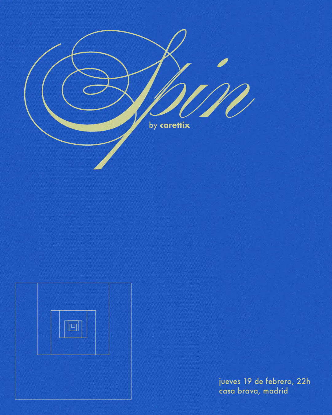 Flyer for SPIN Vol.4 by CRINI, blue version with nested squares with a stepped tail