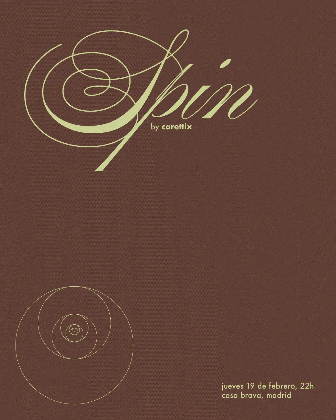 Flyer for SPIN Vol.4 by CRINI, brown version with concentric circles spiralling