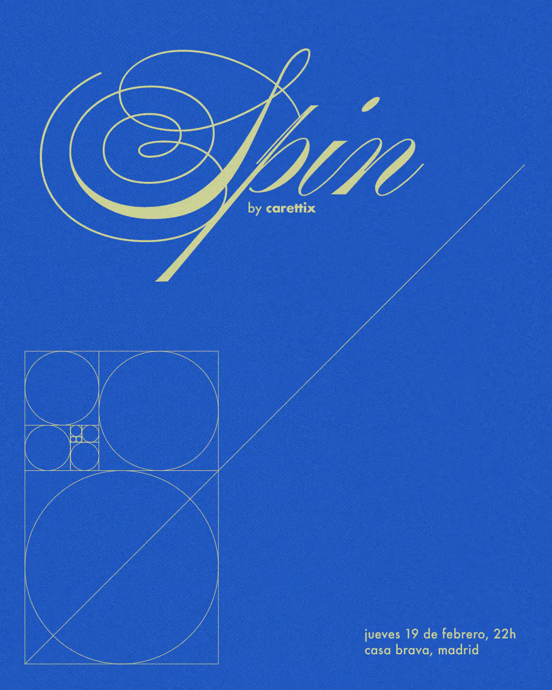 Flyer for SPIN Vol.4 by CRINI, blue version with circles packed inside a golden rectangle